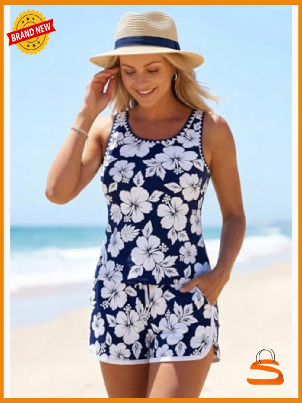Modest Tankini Set with Board Shorts, Sleeveless Scoop Neck Tank Top, - Picture 4 of 7